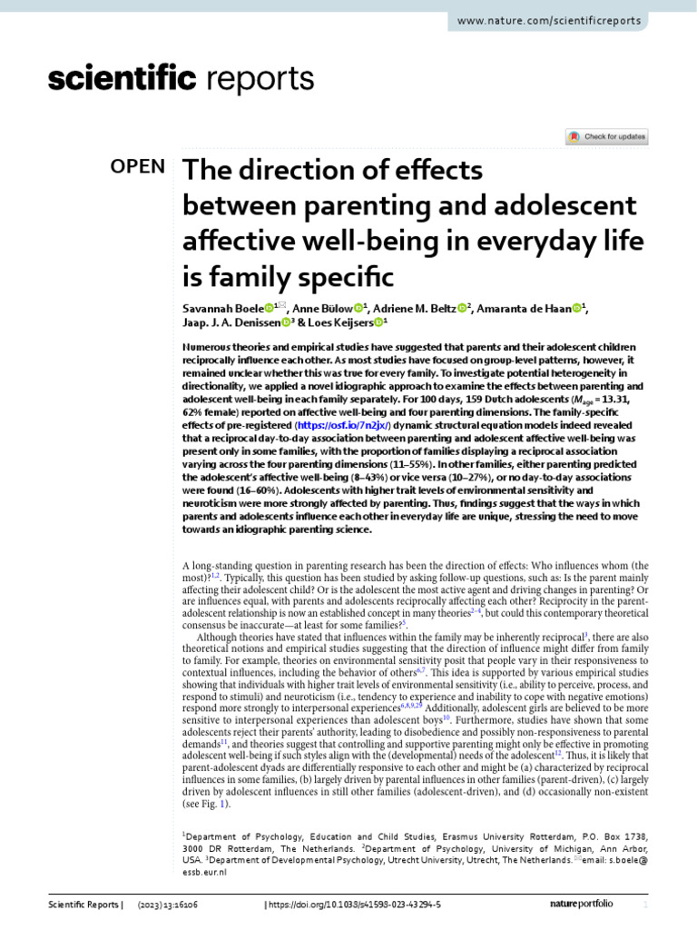 The direction of effects between parenting and adolescent affective ...