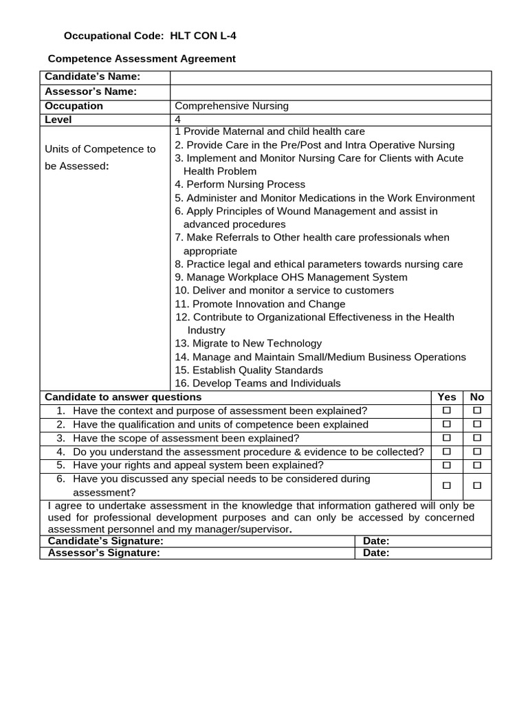 Assessment Agreement For Comprehensive Nursing L4 - v1 | PDF | Nursing ...