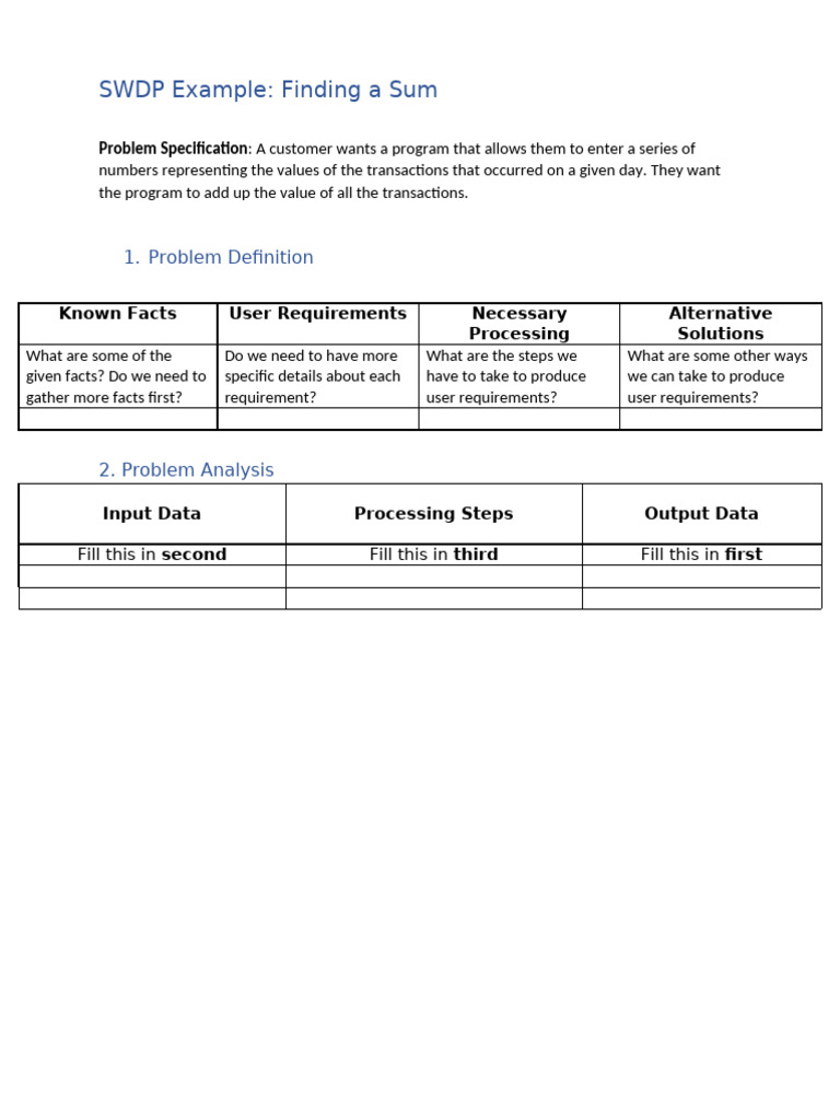 SWDP Sum Example-Blank (1) | PDF