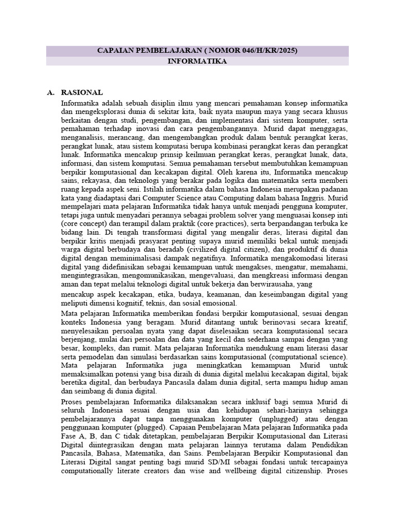 Capaian Pembelajaran Informatika 2025 | PDF