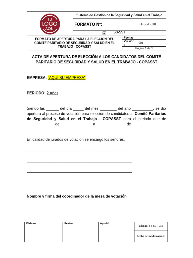 Acta de Elección COPASST 2023 | PDF