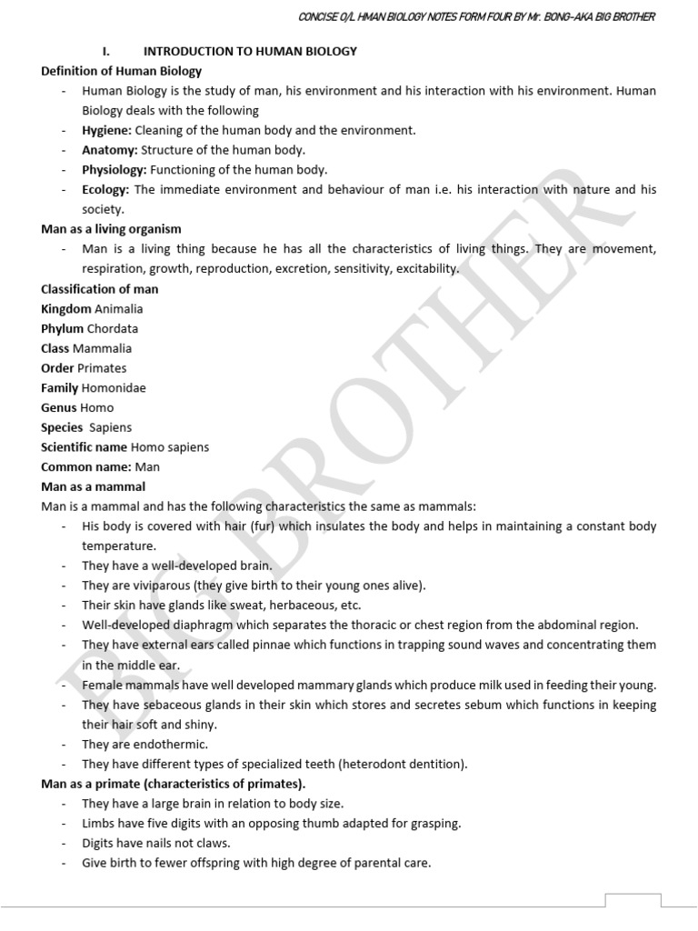 Human Biology Notes for Form Four | PDF | Epithelium | Connective Tissue