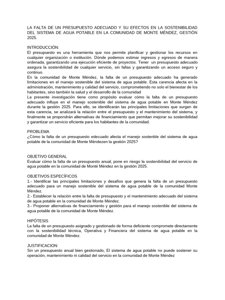 Presupuesto y Sostenibilidad del Agua en Monte Méndez | PDF ...
