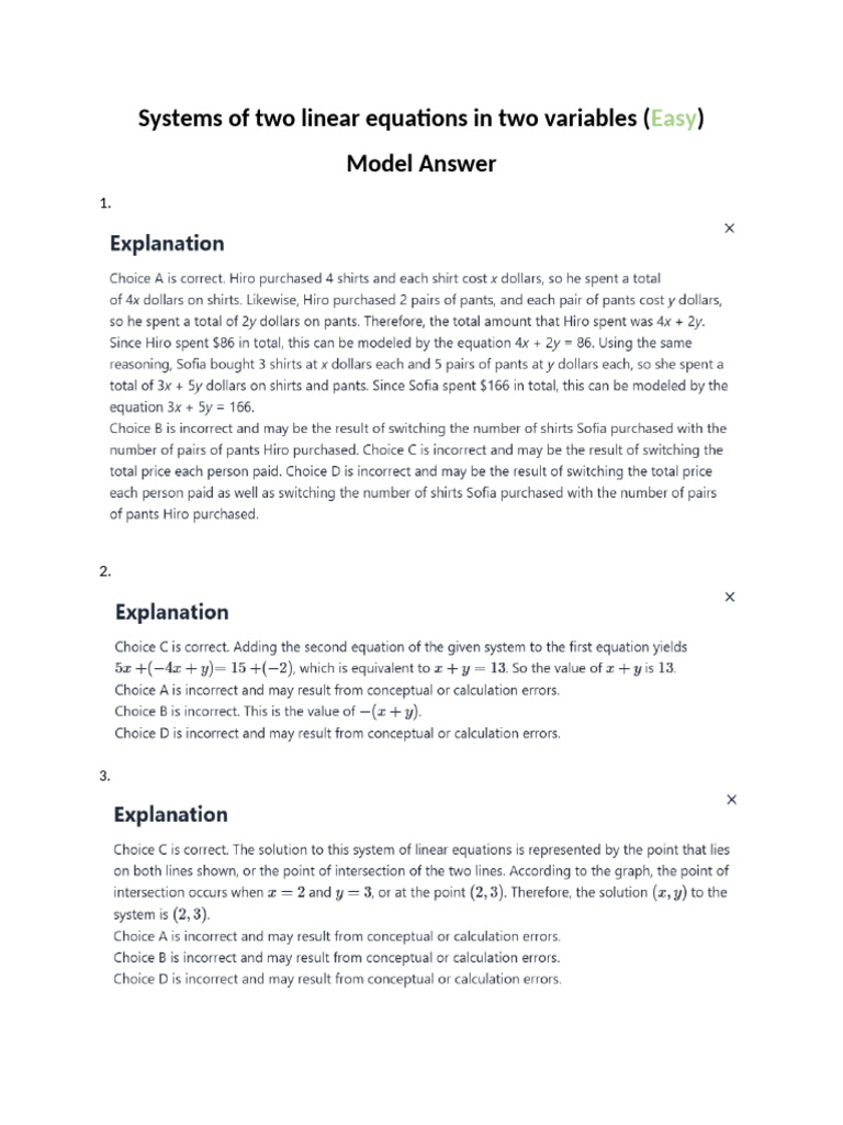 Systems of Two Linear Equations in Two Variables (Model Answer) | PDF