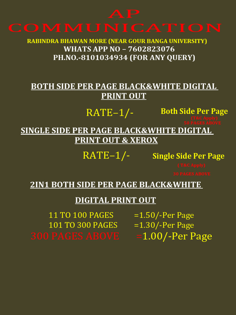 AP Communication 2025-2026 Print Out & Xerox Rate Chart Only For U.G.B ...