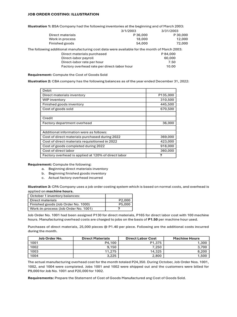 Job Order Costing Examples and Calculations | PDF | Cost Of Goods Sold ...
