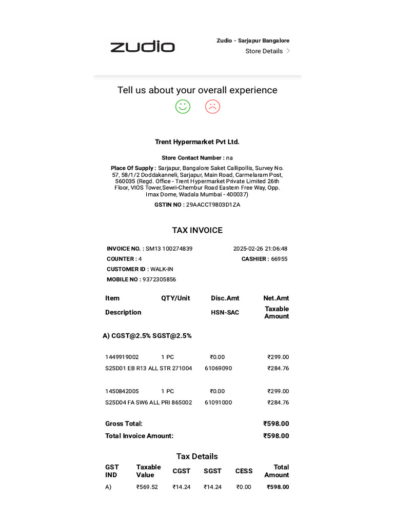 Zudio Sarjapur Invoice Details | PDF | Public Finance | Taxation
