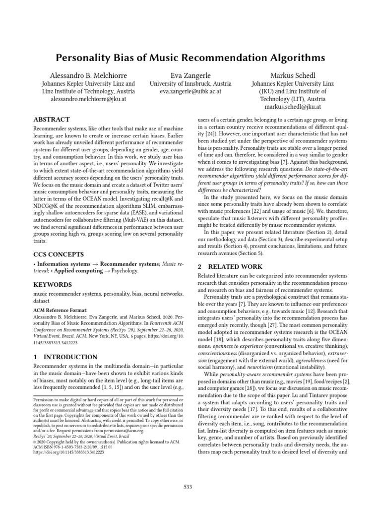 Personality Bias of Music Recommendation Algorithms | PDF
