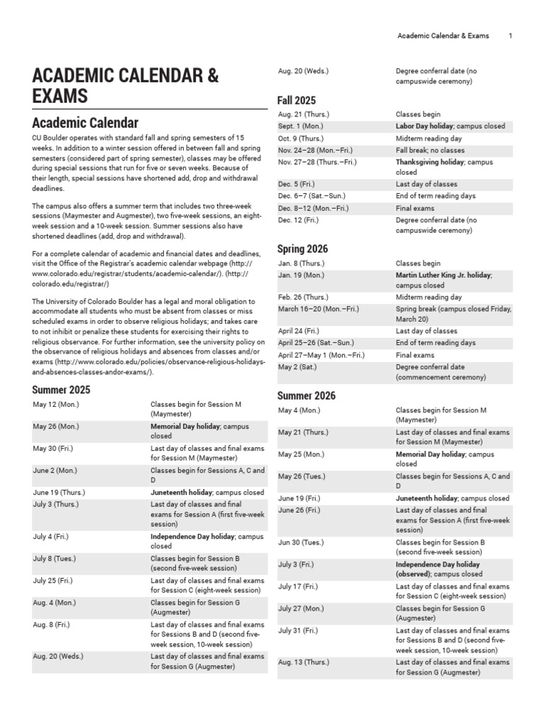 CU Boulder Academic Calendar 2025-26 | PDF | Academic Term ...