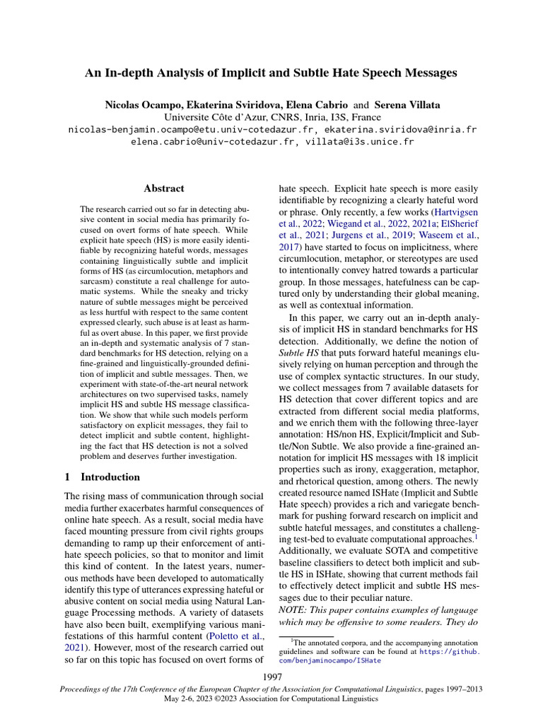 An In-Depth Analysis of Implicit and Subtle Hate Speech Messages | PDF ...