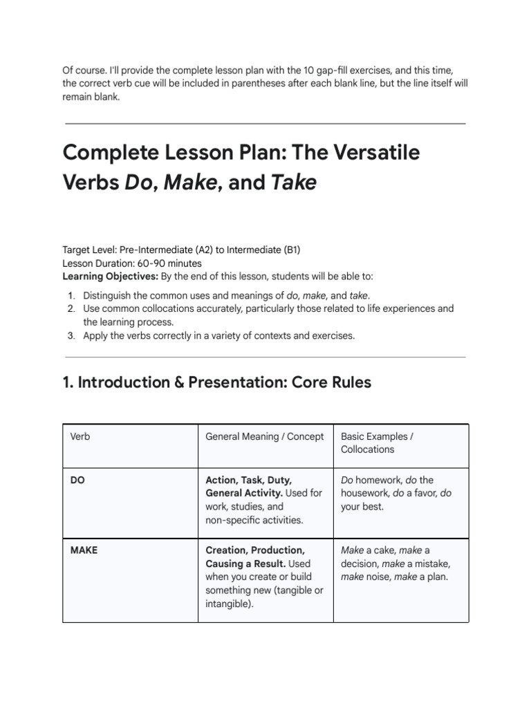 Lesson Plan: Using Do, Make, Take Verbs | PDF | Learning