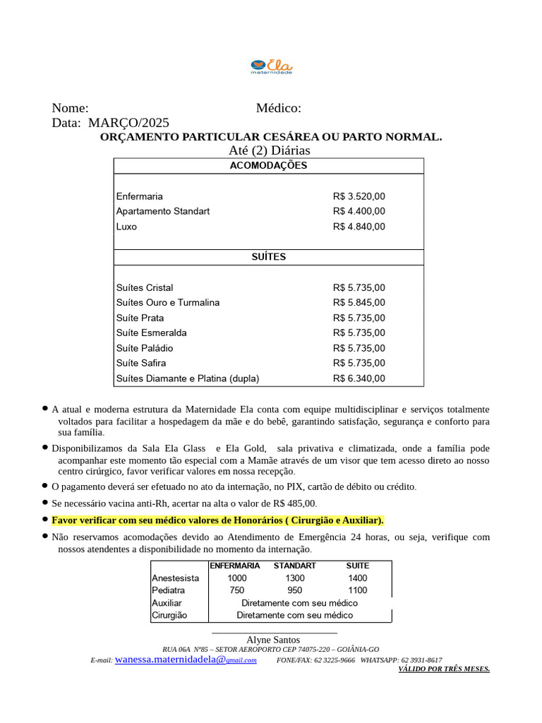 Custos Parto Cesárea Particular 2025 | PDF | Remédio | Especialidades ...
