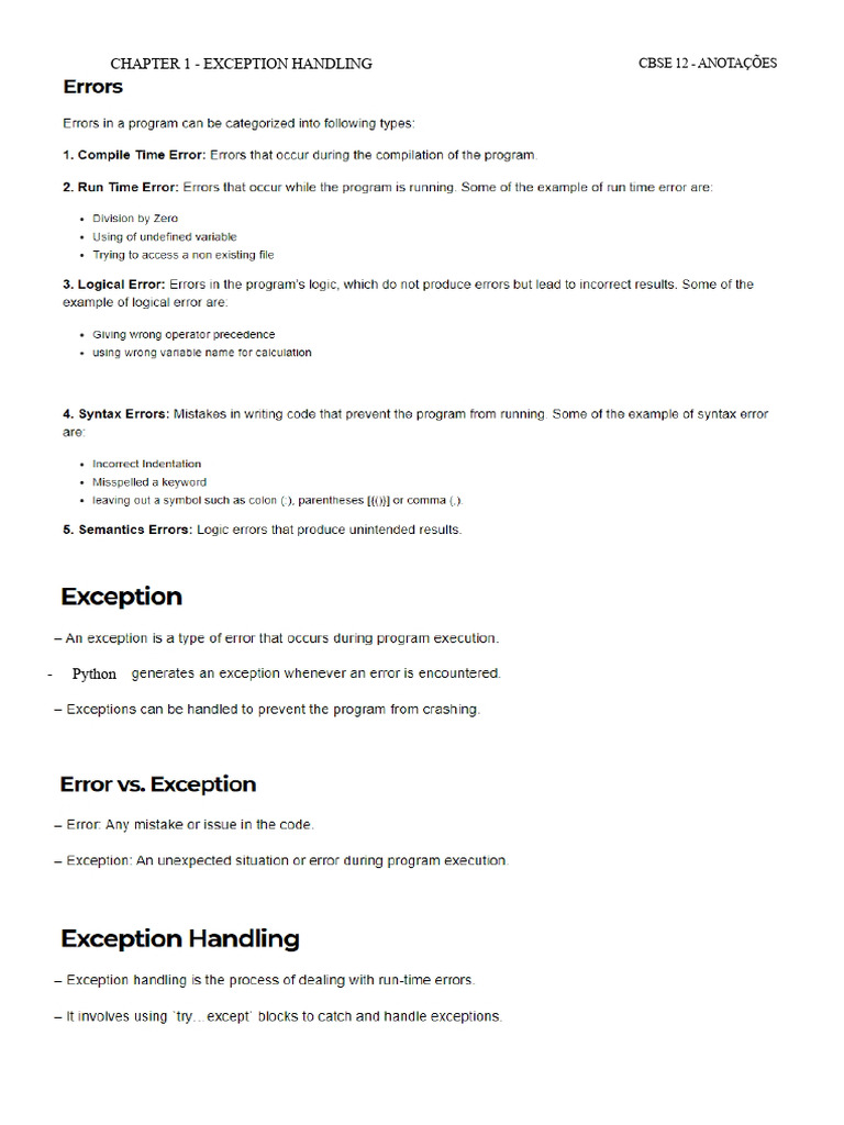 Tratamento de Exceções em Python CBSE 12 | PDF | Python (linguagem de ...