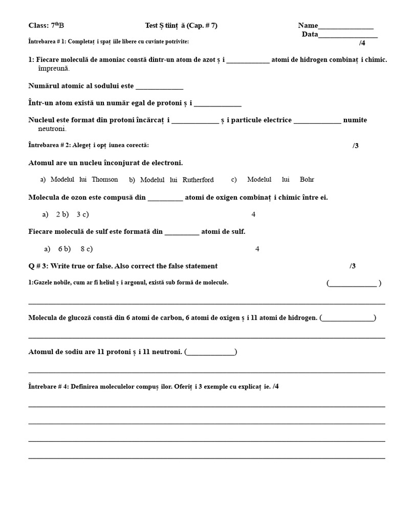 Test Științe Clasa A 7-A B C H # 7 | PDF