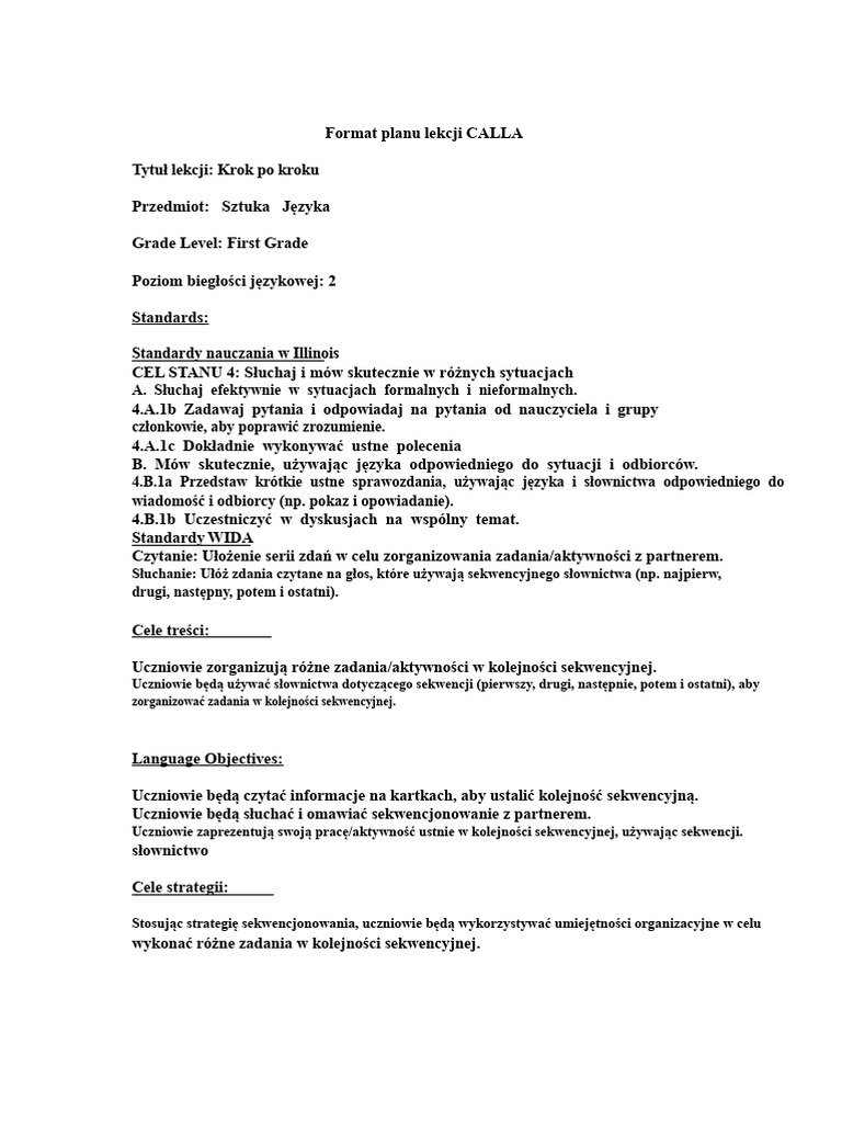 Przykładowy Plan Lekcji Calla | PDF