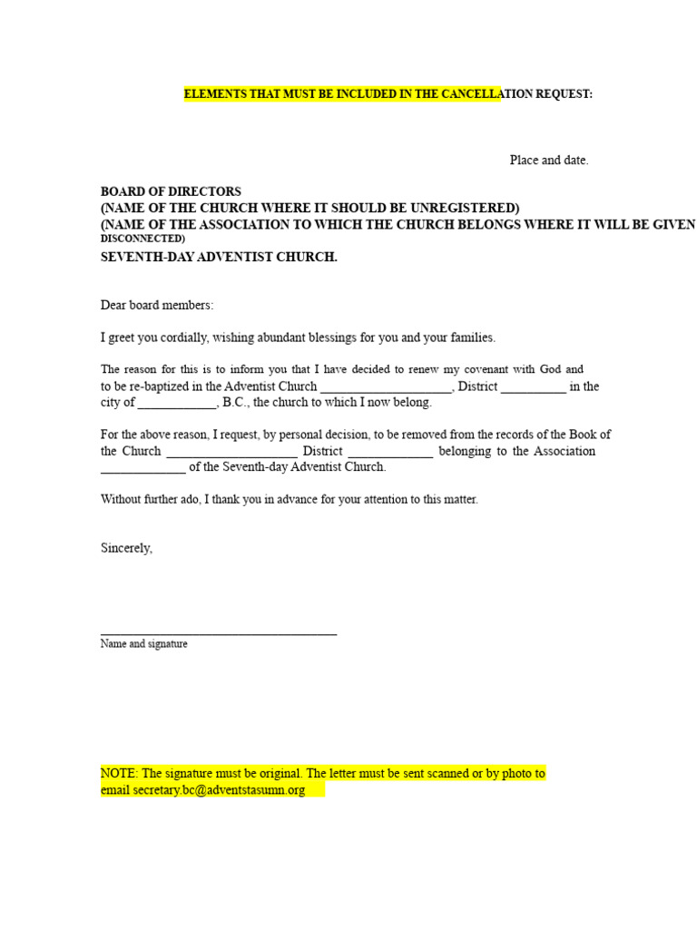 Cancellation Request for Church Membership | PDF
