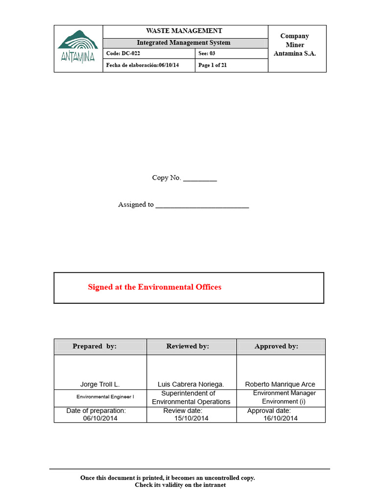 Antamina Waste Management Guidelines | PDF | Waste | Waste Management