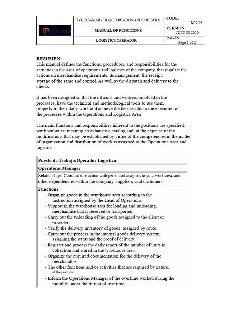 Logistics Operator Job Functions Manual | PDF | Logistics | Warehouse