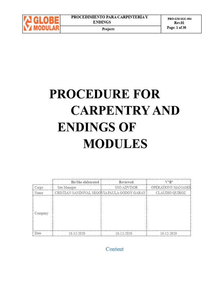 Carpentry and Module Finishing Procedure | PDF | Occupational Safety ...