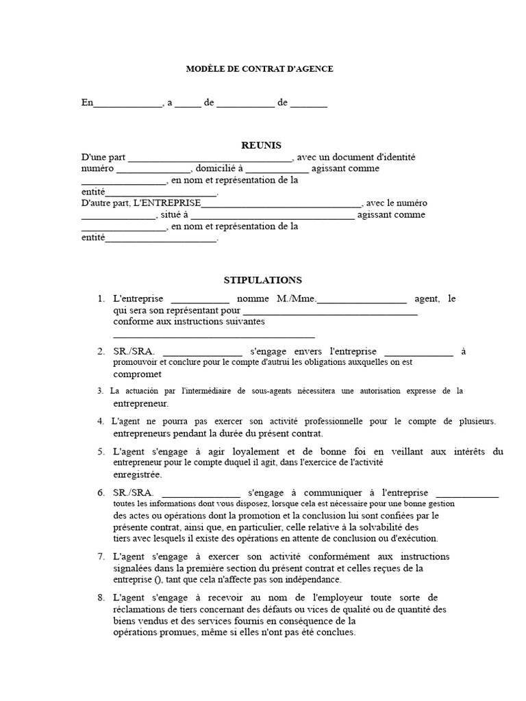 Modèle de contrat d'agence détaillé | PDF