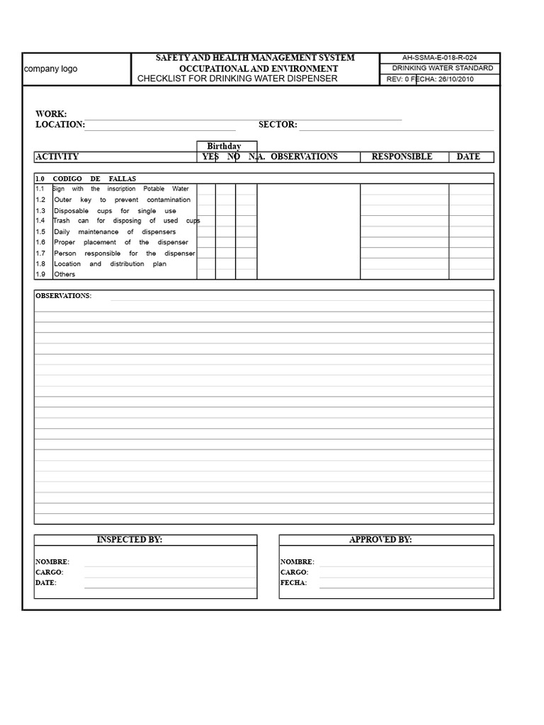 Drinking Water Dispenser Checklist | PDF