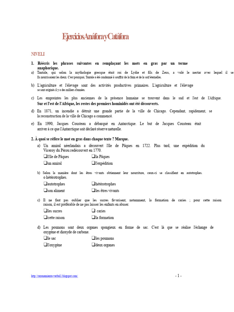 Exercices sur l'Anaphore et Cataphore | PDF