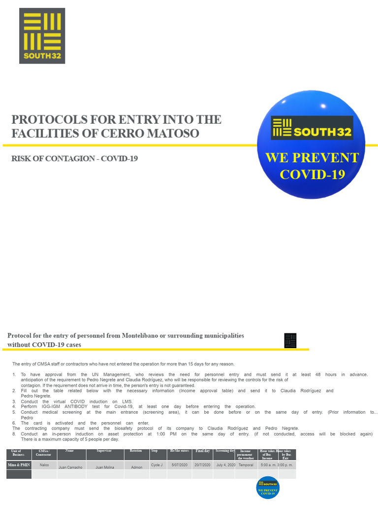 COVID-19 Entry Protocols for Cerro Matoso | PDF