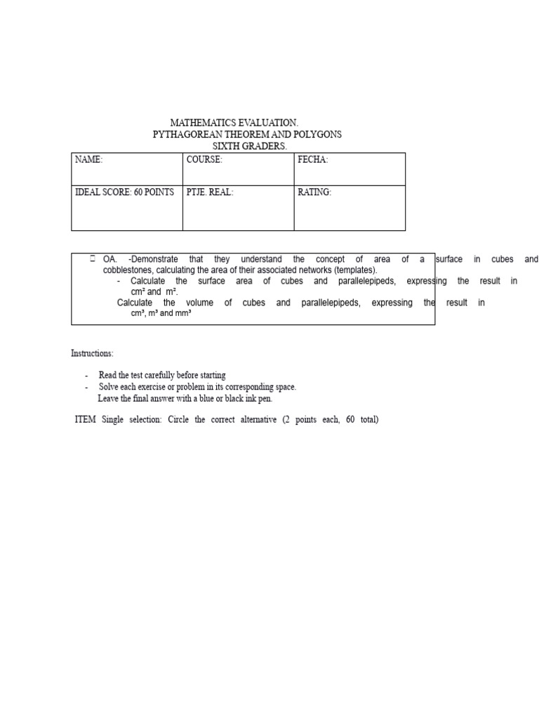 MATHEMATICS ASSESSMENT 6th Grade Geometry Area and Volume | PDF | Area ...