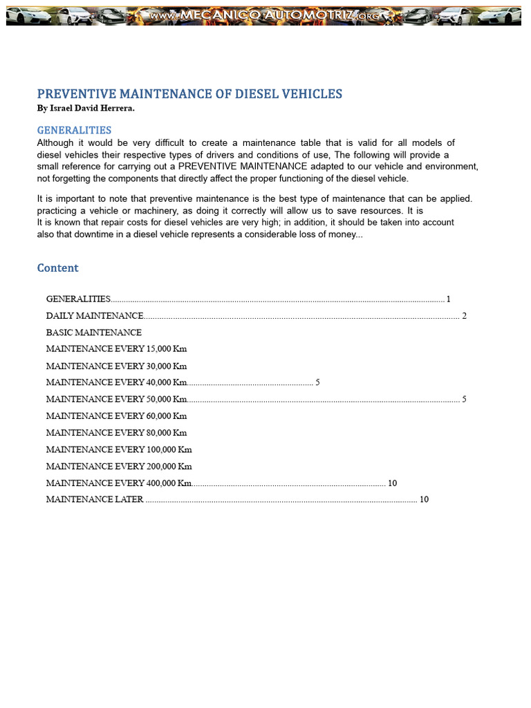 Diesel Vehicle Preventive Maintenance Guide | PDF | Diesel Engine ...
