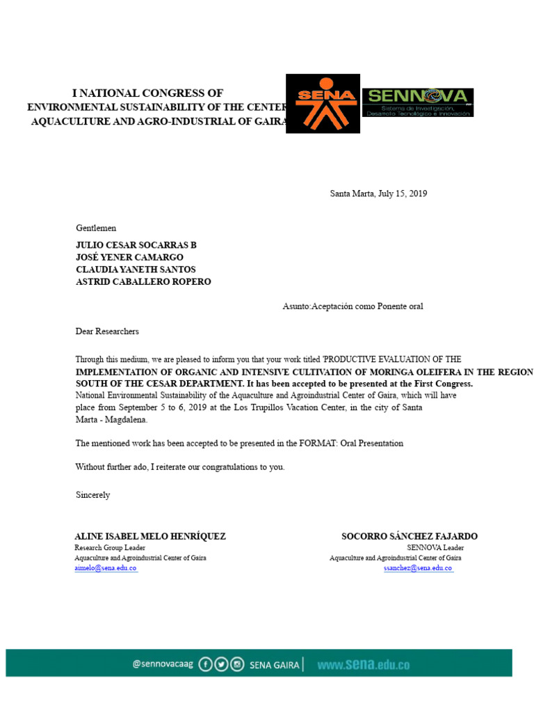 Acceptance Letter For Oral Presentation Julio Cesar Pdf