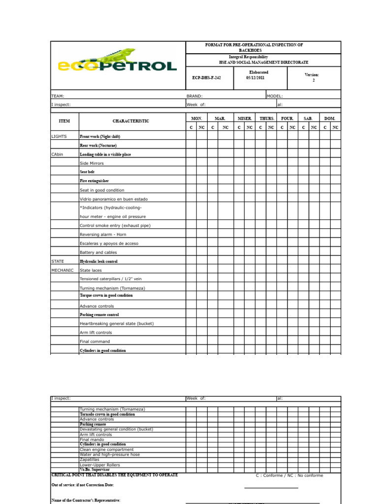 ANNEX No. 38 FORMAT FOR PRE-OPERATIONAL INSPECTION OF BACKHOES | PDF ...