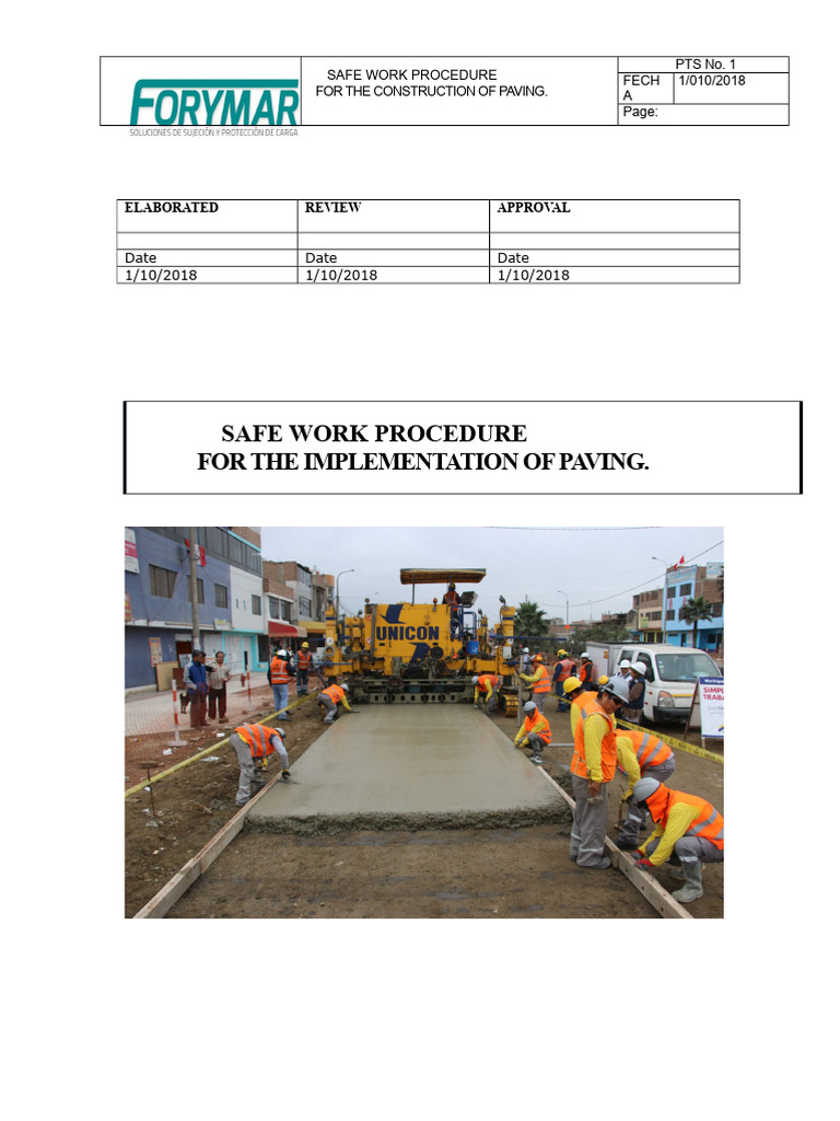 Safe Work Procedure for Paving | PDF | Concrete | Road Surface