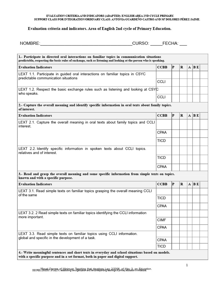 English Evaluation Criteria For Primary 2nd Cycle Pdf Information