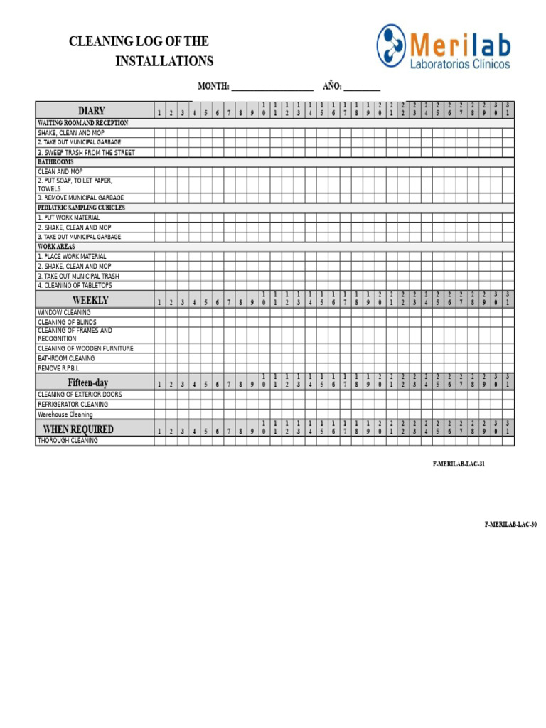 Weekly Cleaning Log Overview | PDF
