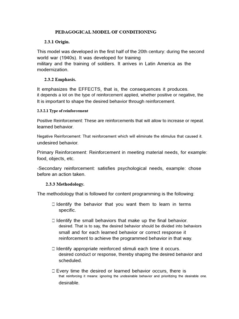 Pedagogical Model of Conditioning | PDF | Reinforcement | Behavior