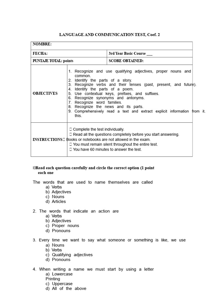 Language and Communication Test Guide | PDF | Verb | Adjective