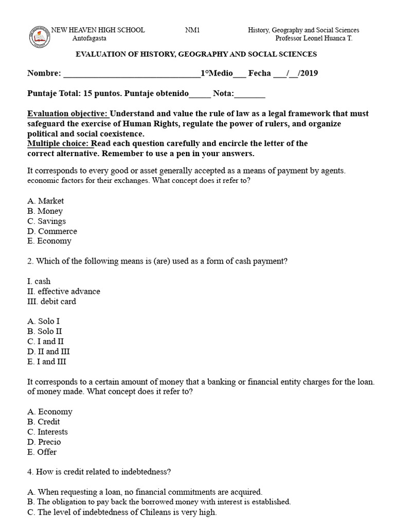 Test History 1st Year High School Economics | PDF | Credit | Finance ...