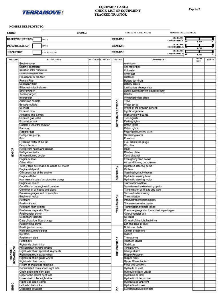 Tracked Tractor Equipment Checklist | PDF | Engines | Pump