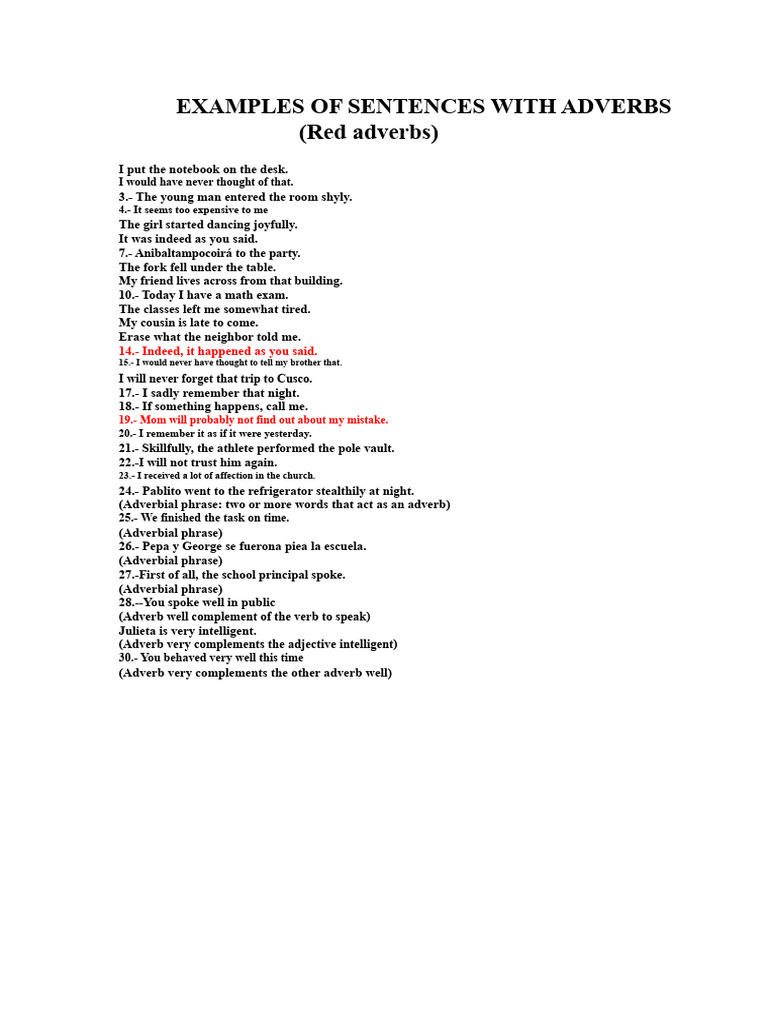Adverb Usage: Sentence Examples | PDF