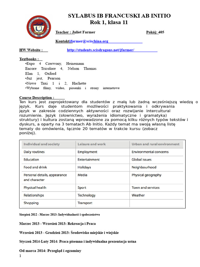 Francuski Ab Initio 1 Program Nauczania | PDF