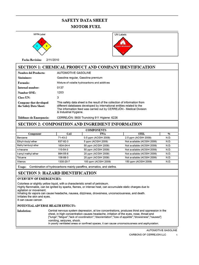 Automotive Gasoline Safety Data Sheet | PDF | Combustion | Dangerous Goods