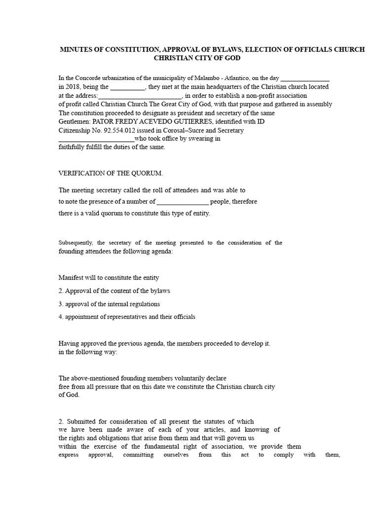 Church Constitution and Bylaws Minutes | PDF