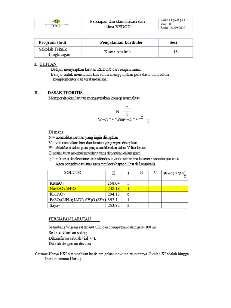 Standarisasi Larutan REDOX di Laboratorium | PDF