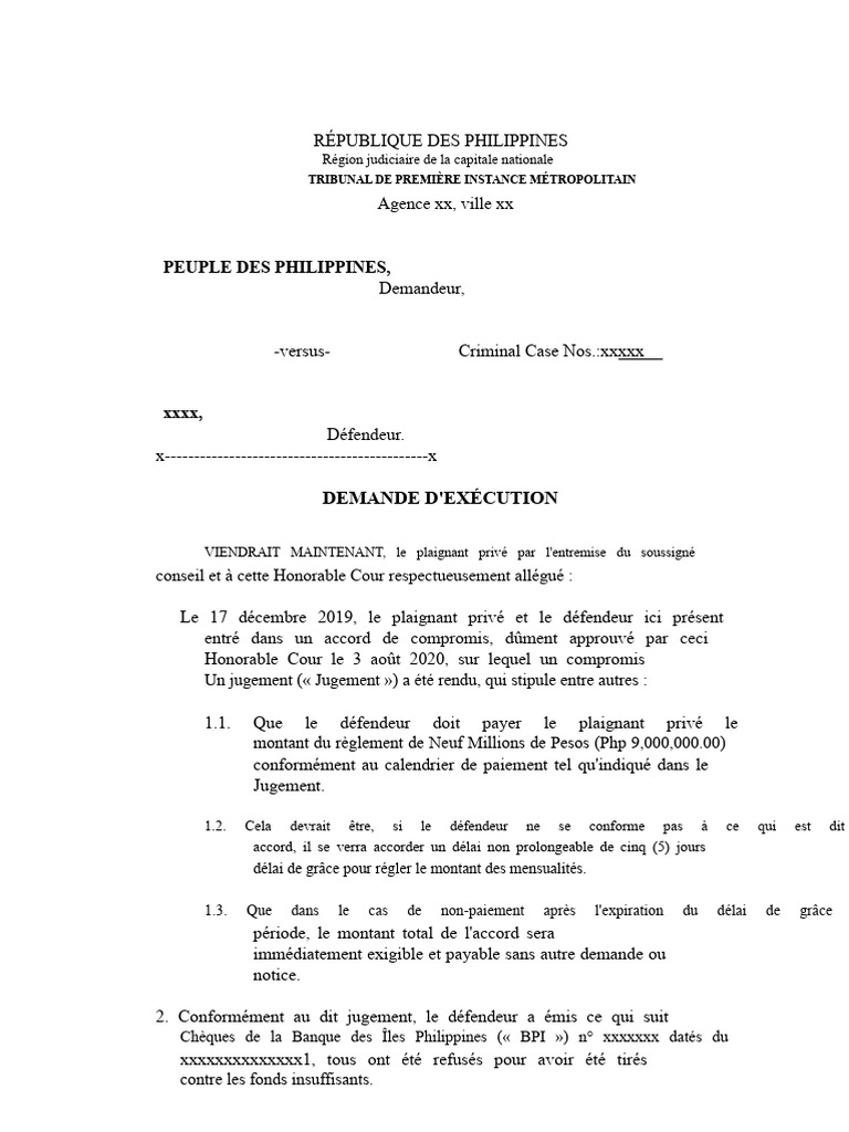Demande d'exécution d'un jugement aux Philippines | PDF | Justice ...