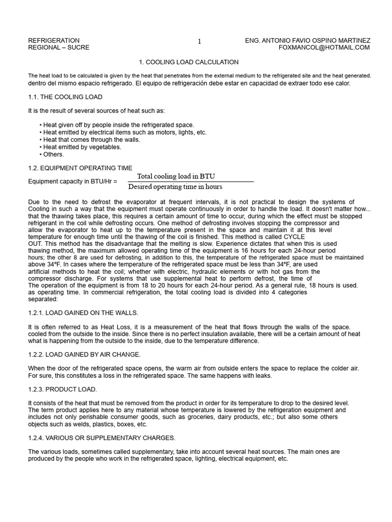 Cooling Load Calculation for Refrigeration | PDF | Refrigeration | Heat