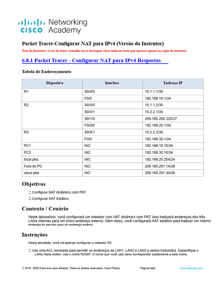Configuração de NAT IPv4 no Packet Tracer | PDF | Endereço de IP ...