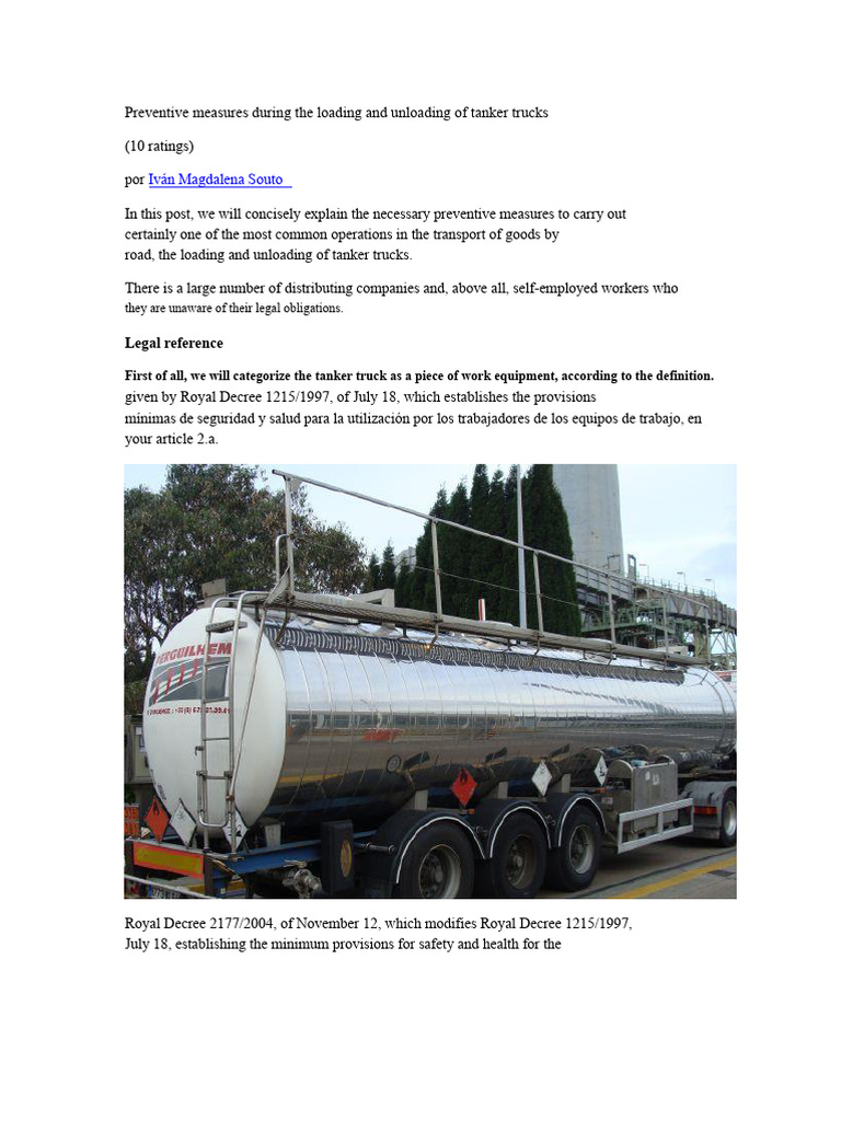 Preventive Measures During The Loading and Unloading of Tanker Trucks | PDF