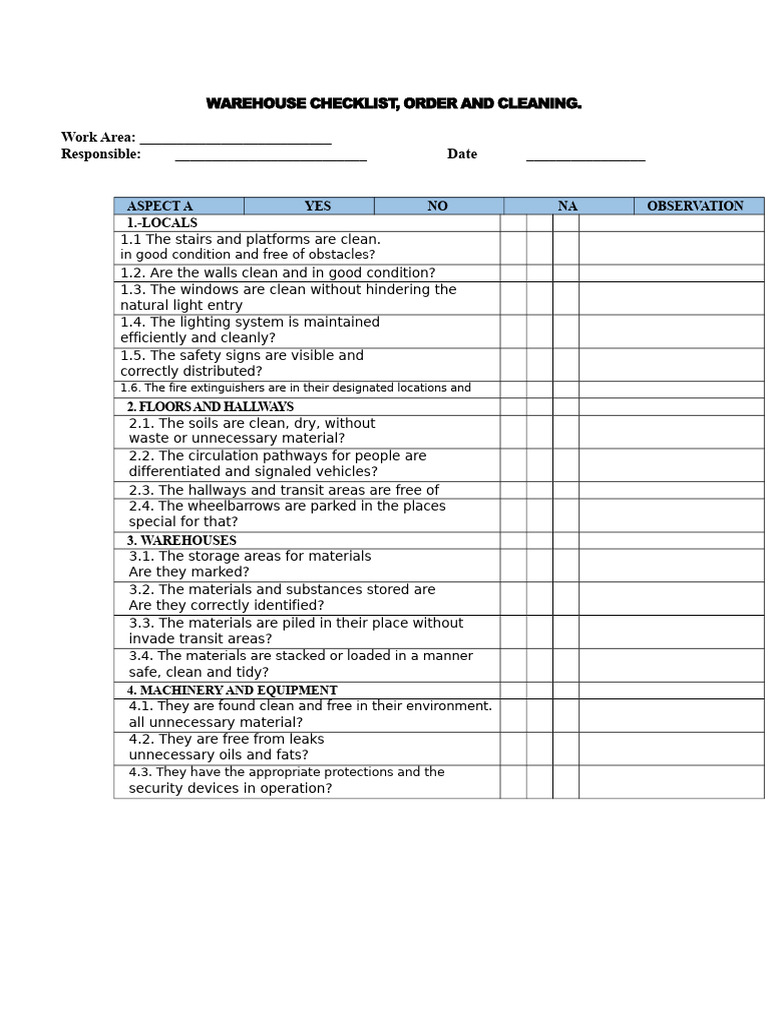 Warehouse Cleaning and Order Checklist | PDF | Warehouse