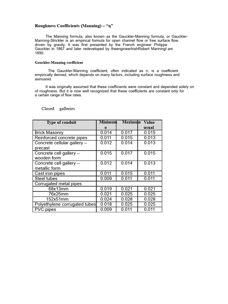 Manning's Roughness Coefficient | PDF | Civil Engineering | Building ...