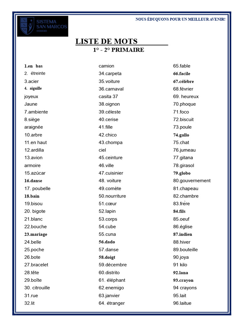 Liste de mots pour l'éducation primaire | PDF